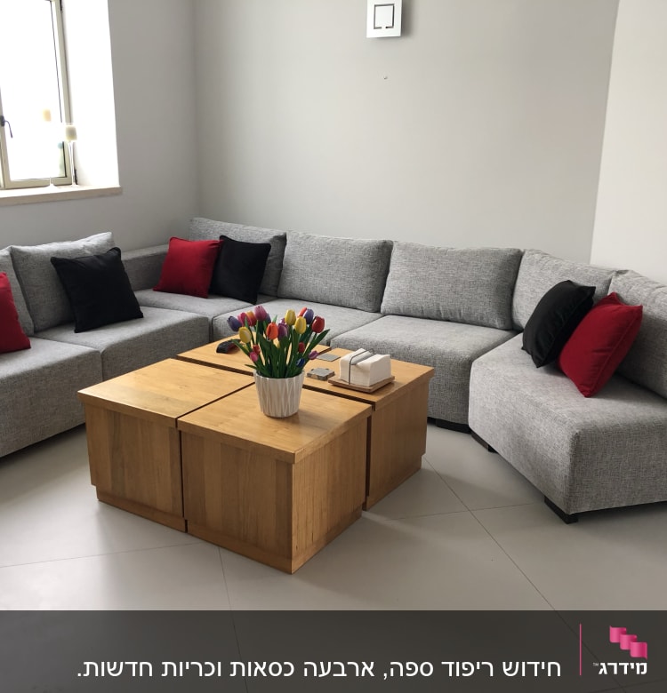 כריות אדומות ושחורות על ספה אפורה